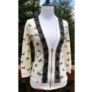 Spoiled Ivory Bow Print Lace Trim Zip-Up Cardigan